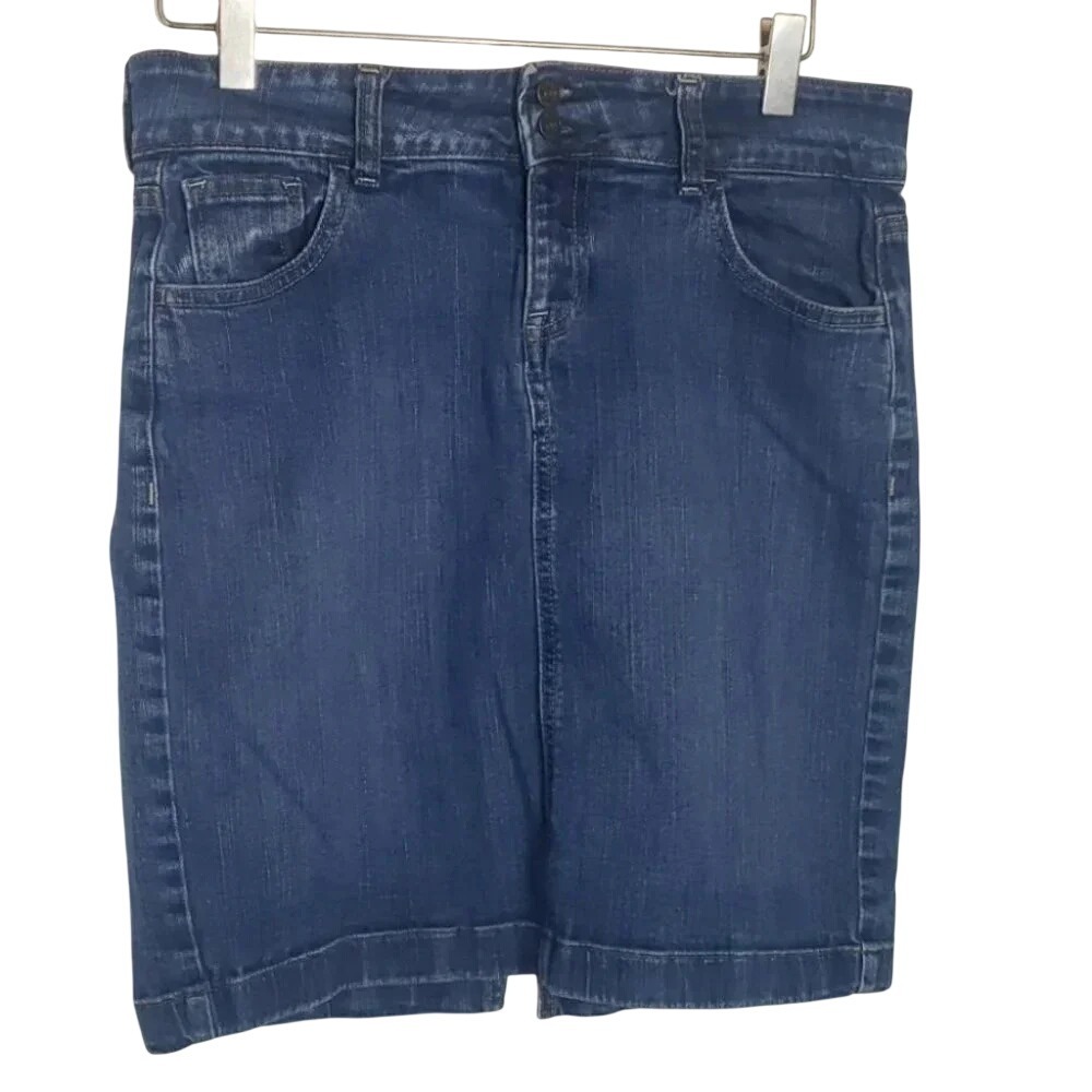 Old Navy Denim Skirt 4 Blue Dark‎ Wash Double Button Back Slit Pencil Stretch